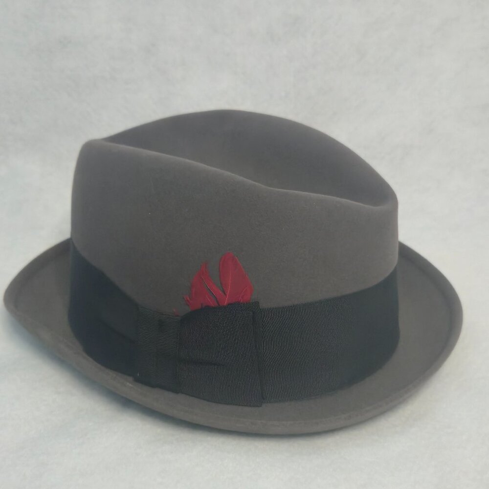 Vintage 1940s Knox Fedora Hat, Gray Felt, Black Ribbon & Feather size- 7 1/4